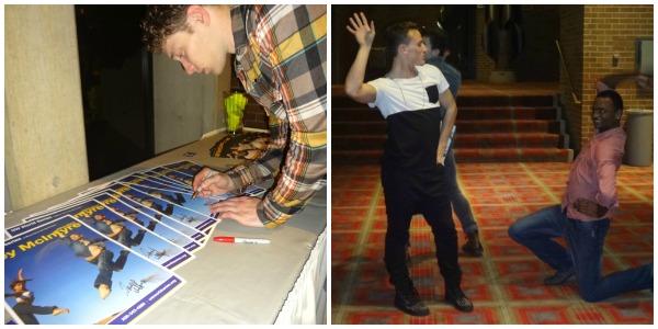 LEFT: TMP dancer Travis Walker  autographs the dance company's posters for the students to take home.  RIGHT: TMP dancer Ryan Redmond (left) and UW Dance major Randy Ford break out their moves for a Beyonce song. [Photos by Ilona Idlis.]