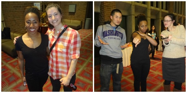 RIGHT: UW students Mike Fujimoto (left) and Audrey Lam (right) pose with dancer Chanel DaSilva at the TMP after party. LEFT: Chanel Silva poses with sophomore Zoe Masnik-Greene. [Photos by Ilona Idlis.]